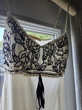 Flora Nickrooz Ivory Lace Vintage Gown with Black Embroidery